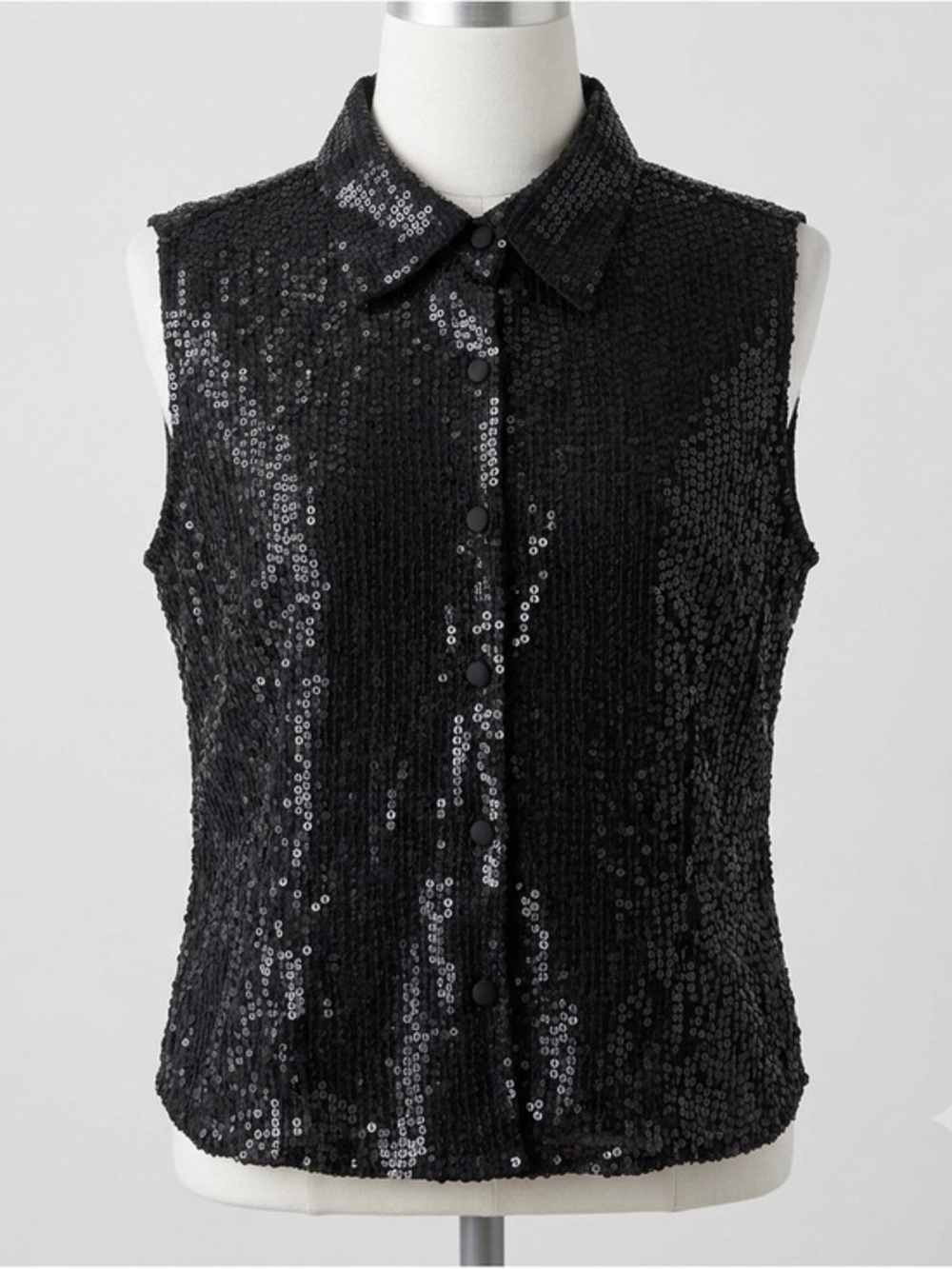 Vintage Spenser Jeremy 100% Silk Black Sequin Button Front Vest Top Size 10
